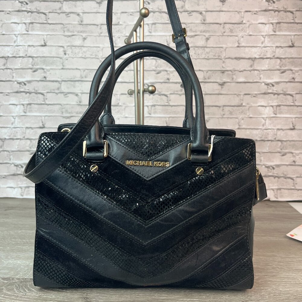 Michael Kors Selma Chevron Satchel Black Leather Tote Top Handle Handbag Bag